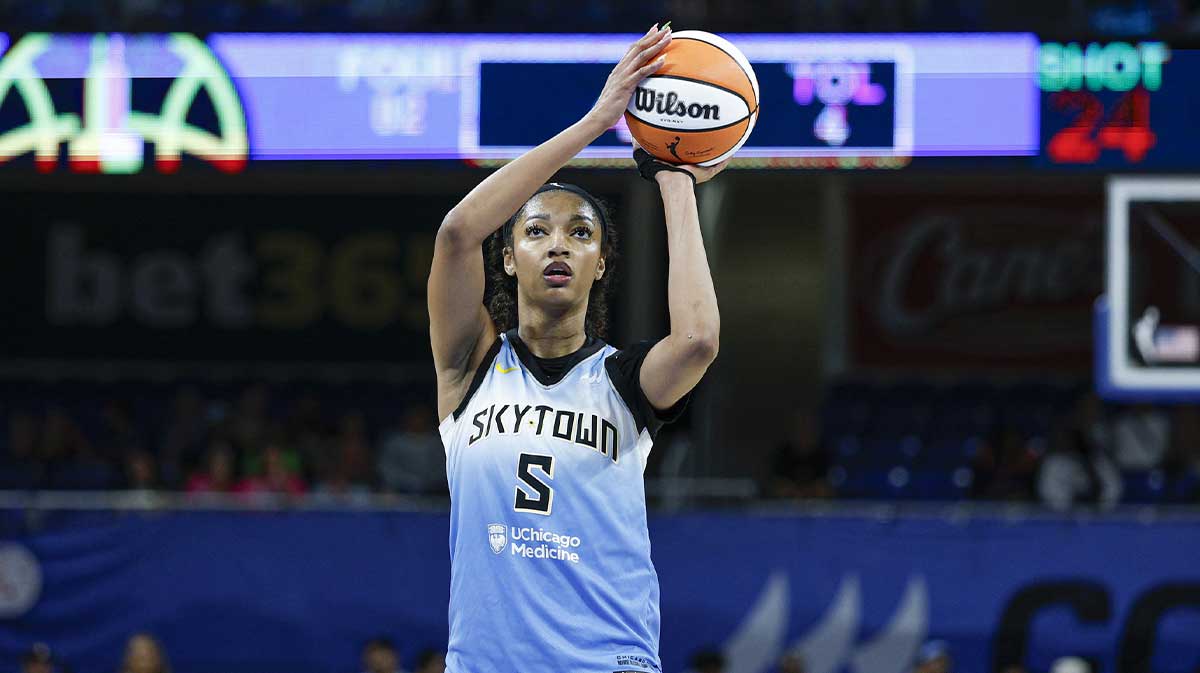 Chicago Sky forward Angel Reese (5) shoots a free throw against the Connecticut Sun during the second half at Wintrust Arena.