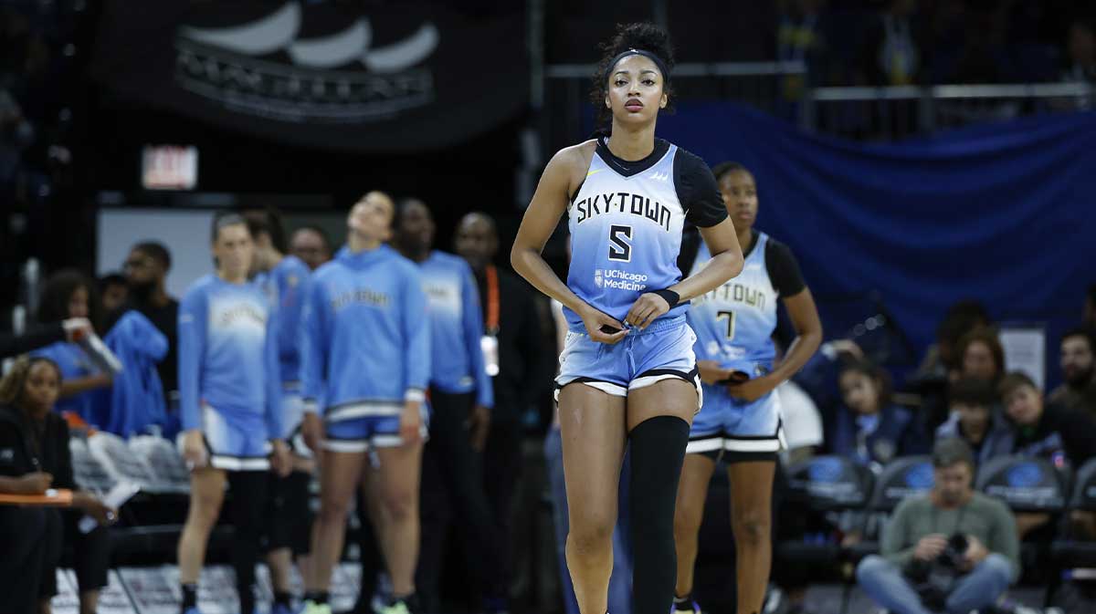 Chicago Sky forward Angel Reese (5) walks on the court before a WNBA game against the Connecticut Sun at Wintrust Arena.