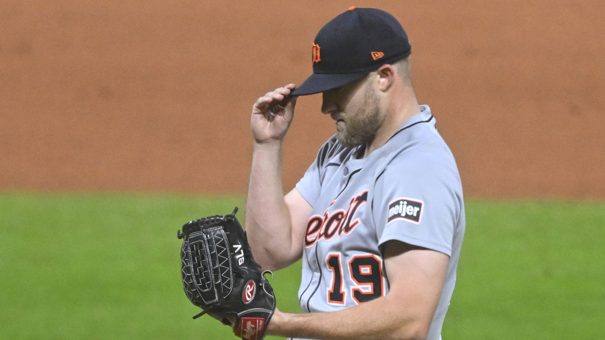 Detroit Tigers relief pitcher Will Vest (19) reacts in the seventh inning against the Cleveland Guardians at Progressive Field.