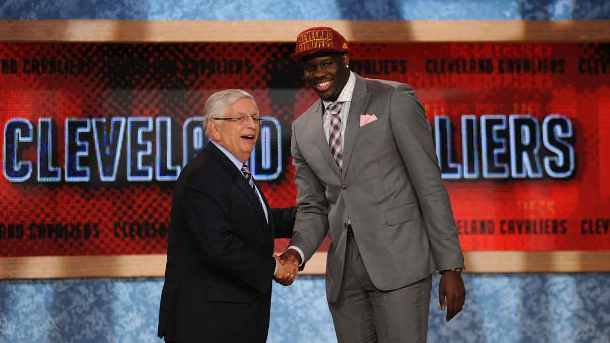 Anthony Bennett (UNLV) shakes hands with NBA commissioner David Stern after being selected as the number one overall pick to the Cleveland Cavaliers during the 2013 NBA Draft at the Barclays Center