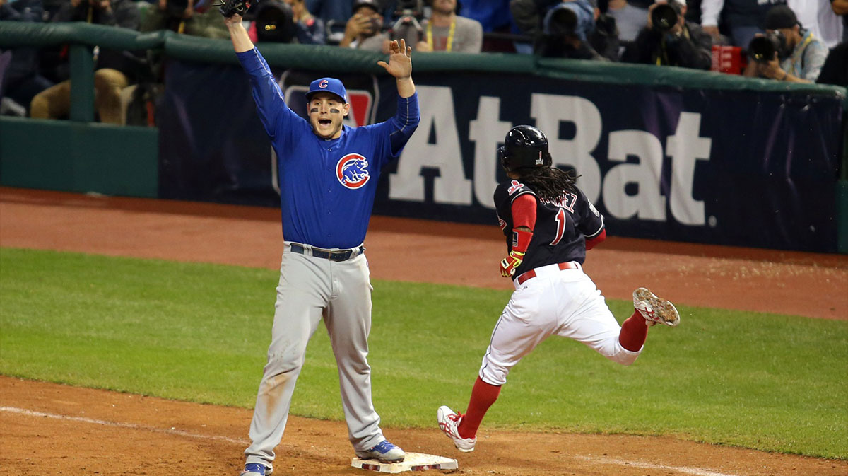 Chicago Cubs first baseman Anthony Rizzo (44) celebrates after defeating the Cleveland Indians in game seven of the 2016 World Series at Progressive Field.