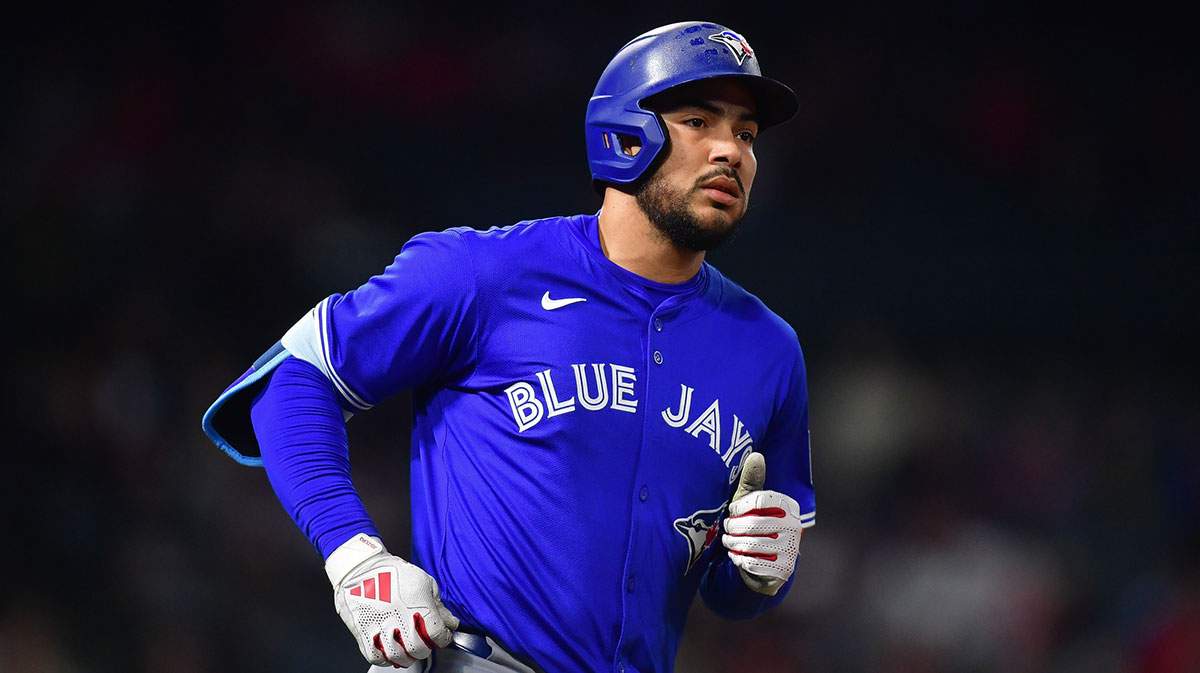 Toronto Blue Jays right fielder Anthony Santander (25) hits a solo home run against the Los Angeles Angels during the eighth inning at Angel Stadium.