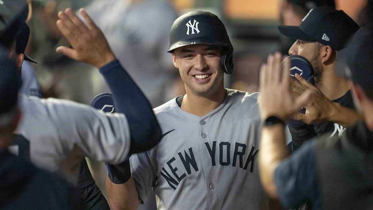 New York Yankees shortstop Anthony Volpe (11) celebrates with teammates in the dugout after scoring a run against the Minnesota Twins in the third inning at Target Field.
