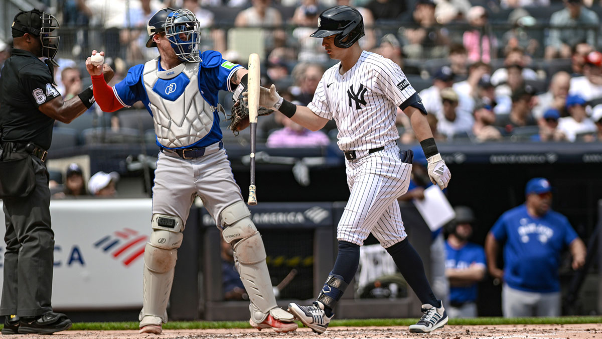 New York Yankees shortstop Anthony Volpe (11) reacts after striking out against the Toronto Blue Jays during the second inning at Yankee Stadium.
