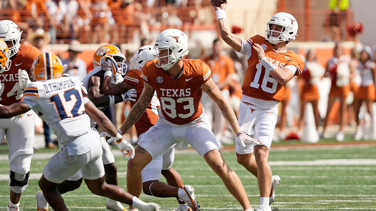 Texas Longhorns quarterback Arch Manning (16) passes the ball during the first half against the Texas El Paso Miners at Darrell K Royal-Texas Memorial Stadium.