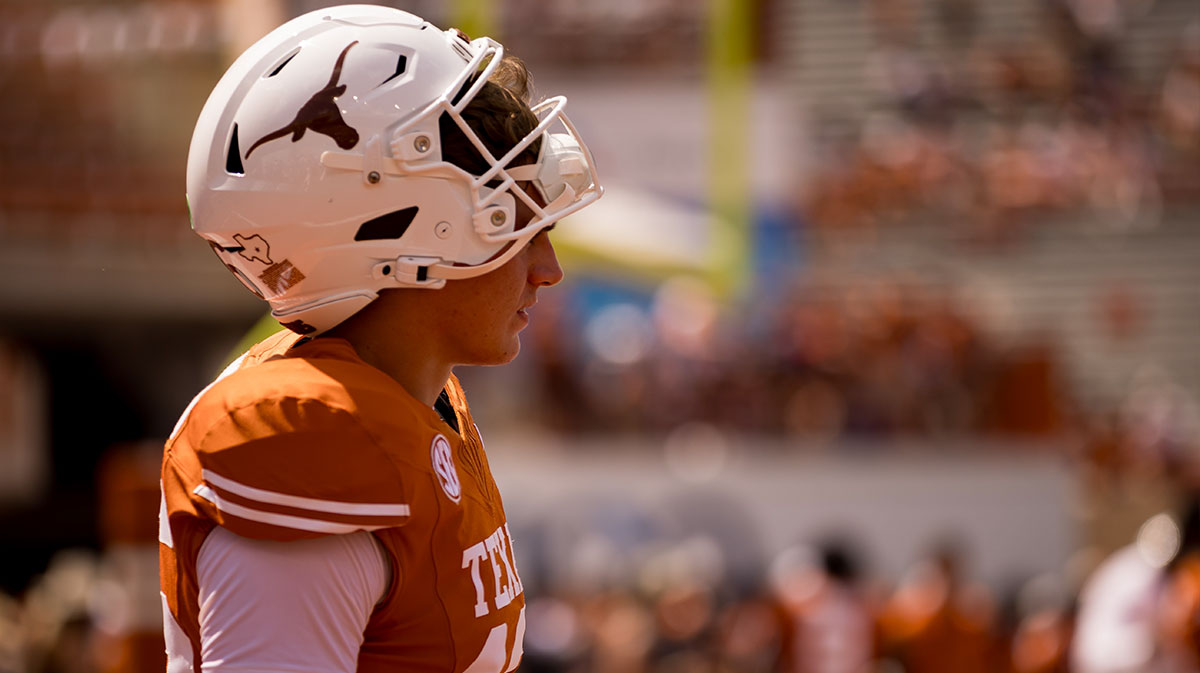Texas football player, Arch Manning, stands on the field during warm up before a game against UTEP at Darrell K Royal–Texas Memorial Stadium in Austin, Texas, on Saturday, Sept. 13, 2025.