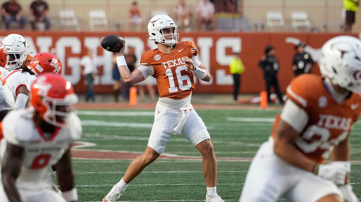 Texas Longhorns quarterback Arch Manning (16) throws a pass during the first half against the Sam Houston Bearkats at Darrell K Royal-Texas Memorial Stadium.