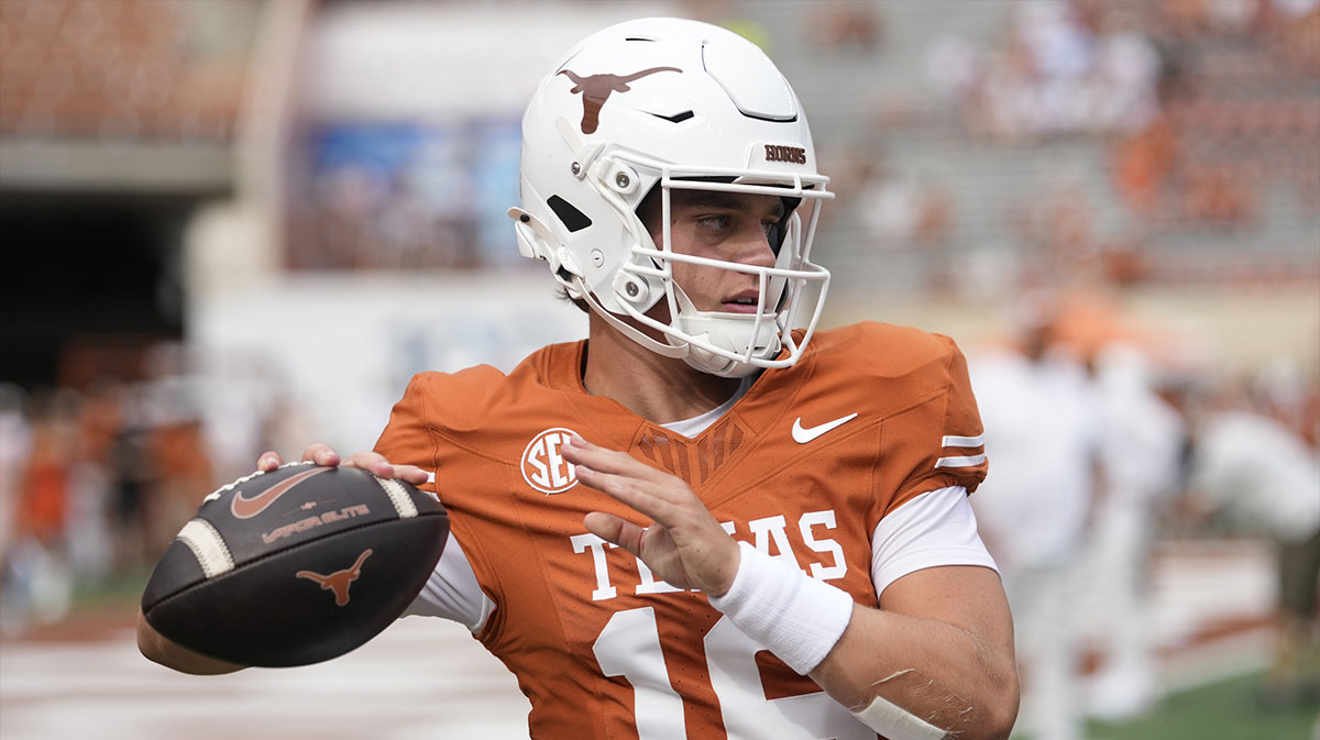 Texas Longhorns quarterback Arch Manning (16) warms up before the game against San Jose State Spartans at Darrell K Royal-Texas Memorial Stadium.