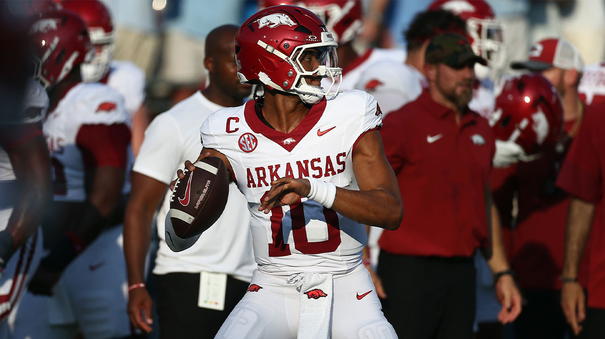 Arkansas Razorback quarterback Taylen Green (10) passes the ball during warm ups prior to the game against the Mississippi Rebels at Vaught-Hemingway Stadium.