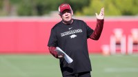 Arkansas Razorbacks offensive coordinator and quarterbacks coach Bobby Petrino during practice.