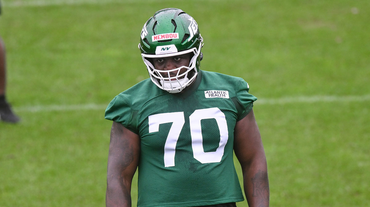 New York Jets offensive tackle Armand Membou (70) looks on during minicamp at Atlantic Health Jets Training Center.