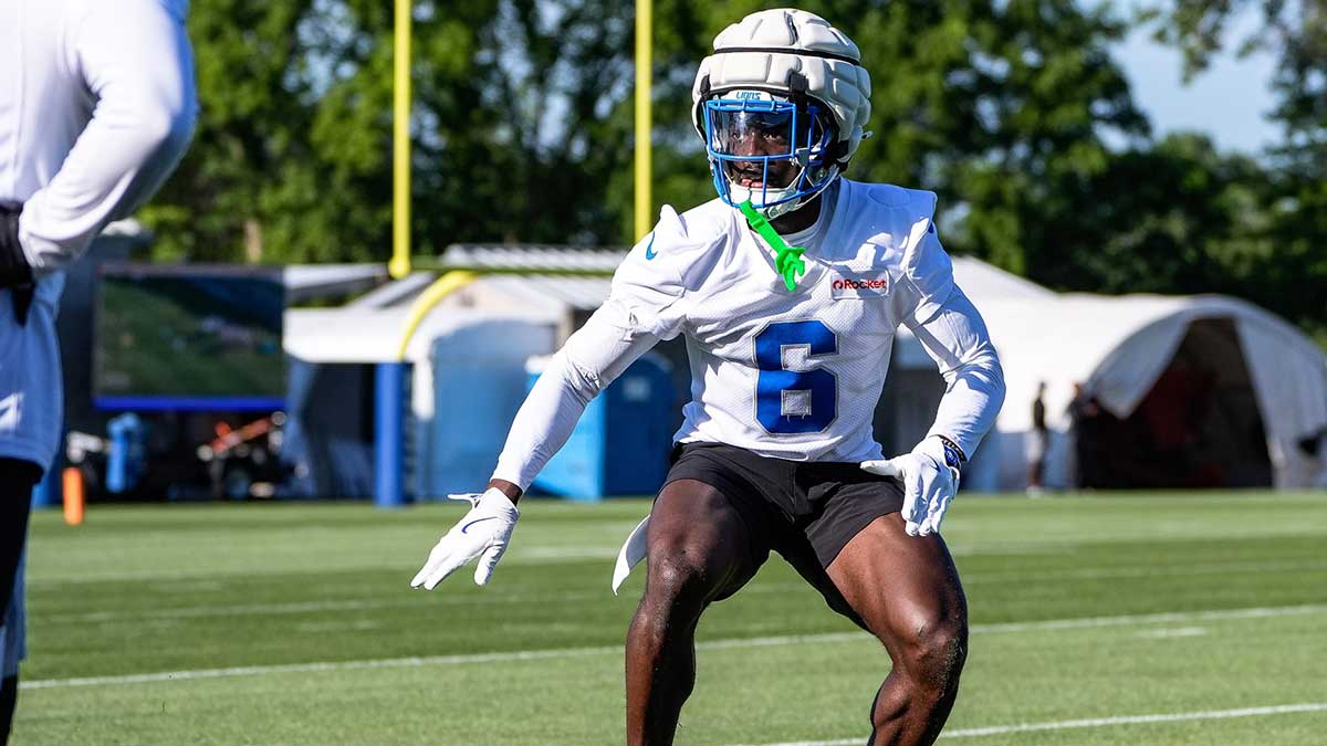 Detroit Lions cornerback Terrion Arnold (6) practices during training camp at Meijer Performance Center in Allen Park on Tuesday, July 22, 2025.