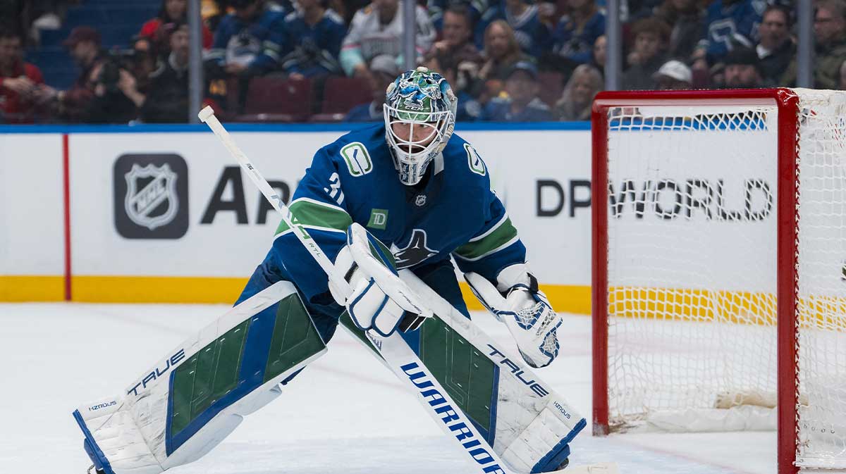 Vancouver Canucks goalie Arturs Silovs (31) handles the puck against the Chicago Blackhawks in the second period at Rogers Arena.