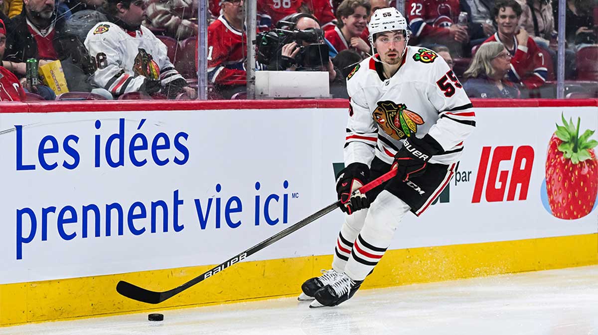 Chicago Blackhawks defenseman Artyom Levshunov (55) plays the puck in the second period at Bell Centre.