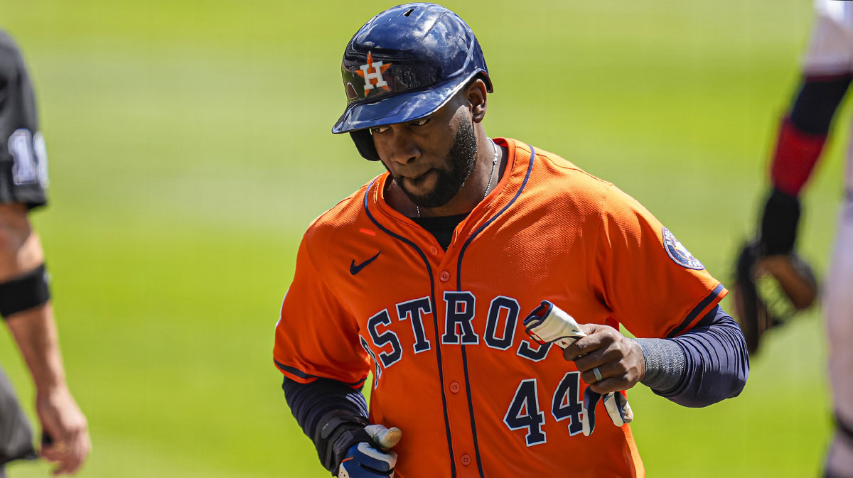 Houston Astros left fielder Yordan Alvarez (44) scores a run against the Atlanta Braves during the first inning at Truist Park.