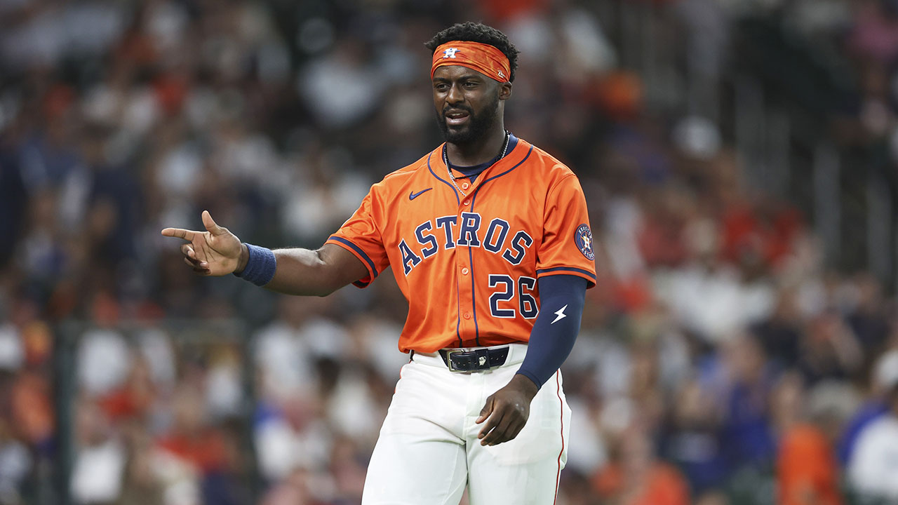 Houston Astros center fielder Taylor Trammell (26) reacts after striking out during the second inning against the Texas Rangers at Daikin Park.