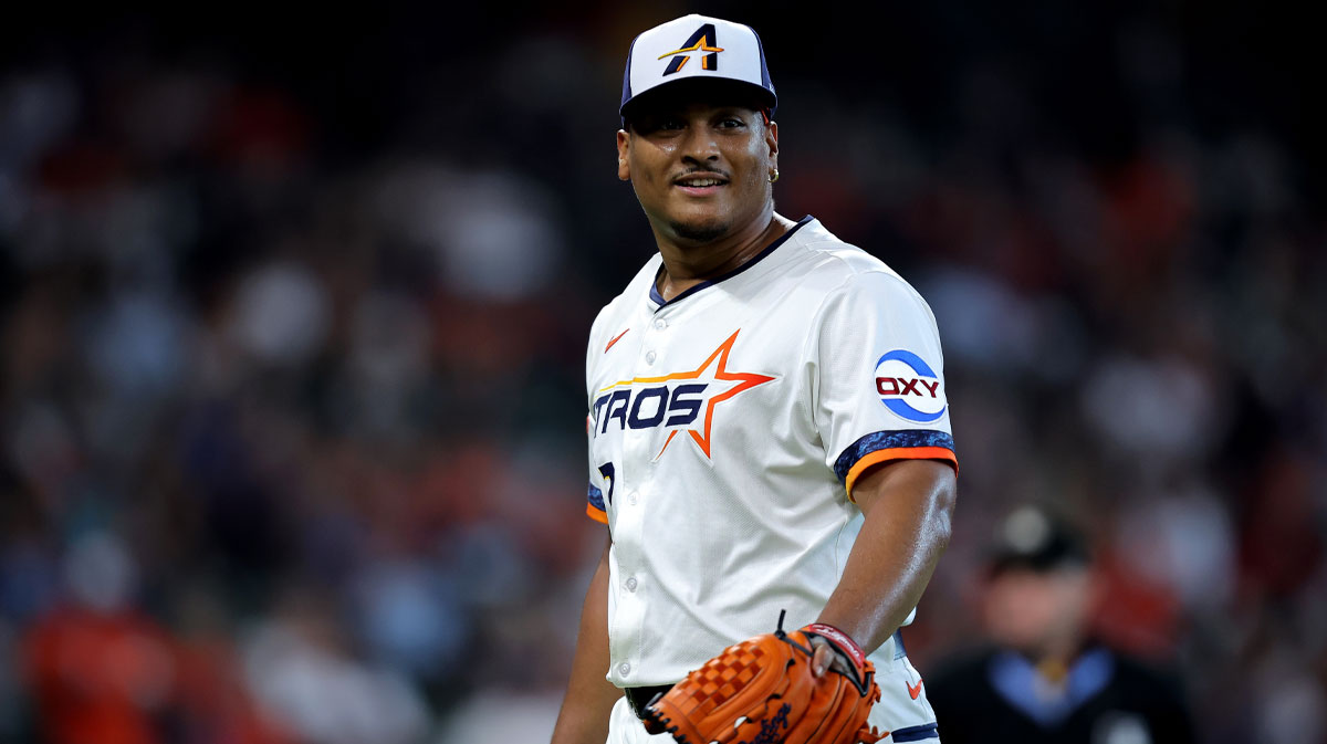 Houston Astros starting pitcher Luis Garcia (77) reacts after retiring the side against the Los Angeles Angels during the fifth inning at Daikin Park.