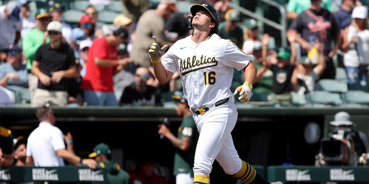 Athletics first baseman Nick Kurtz (16) reacts after hitting a solo home run against the Boston Red Sox during the second inning at Sutter Health Park.