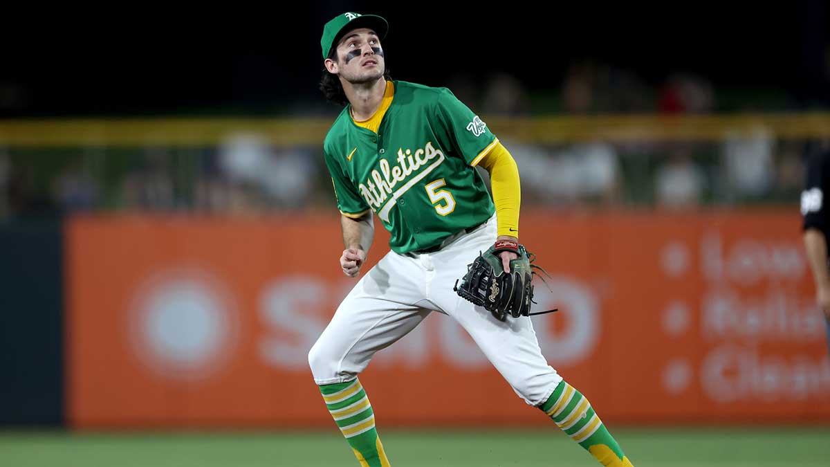 Athletics shortstop Jacob Wilson (5) watches a ball soar over his head during the sixth inning in a game against the Texas Rangers at Sutter Health Park.