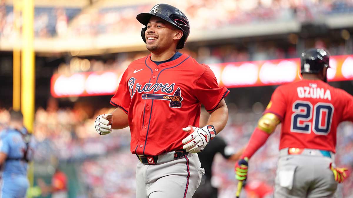 Atlanta Braves catcher Drake Baldwin (30) reacts after scoring a run against the Philadelphia Phillies in the first inning at Citizens Bank Park.