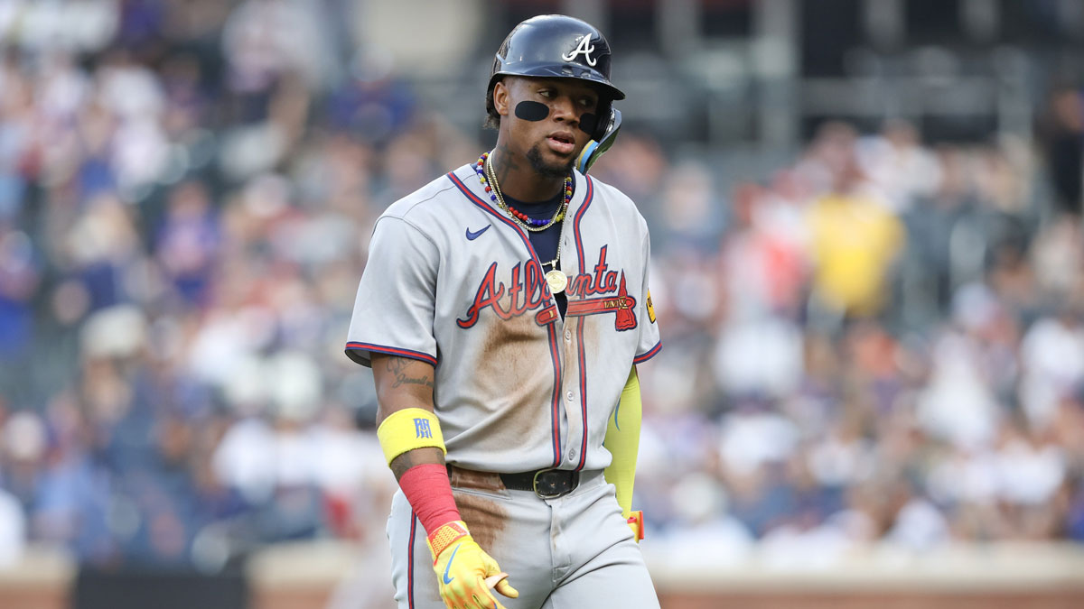Atlanta Braves right fielder Ronald Acuña Jr. (13) reacts after getting tagged out during a run down play in the first inning against the New York Mets at Citi Field.