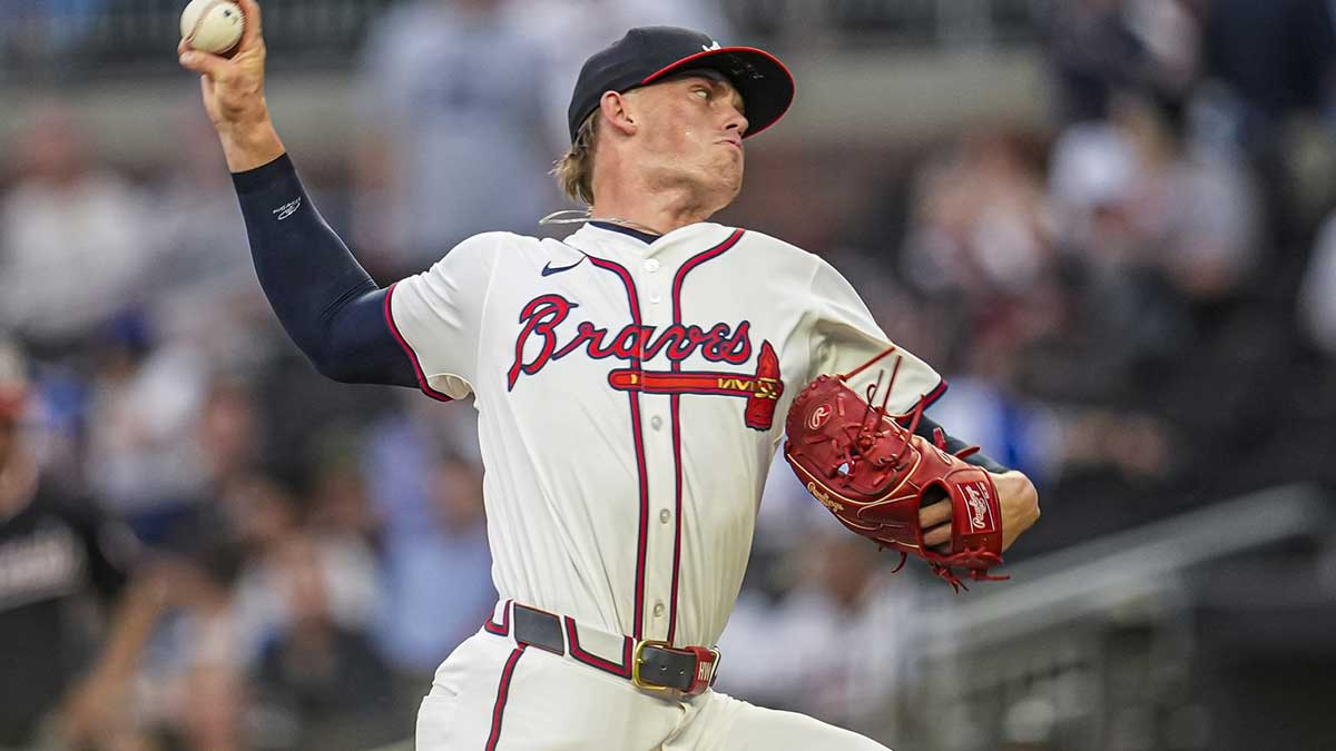 Atlanta Braves starting pitcher Hurston Waldrep (64) pitches against the Washington Nationals during the first inning at Truist Park.
