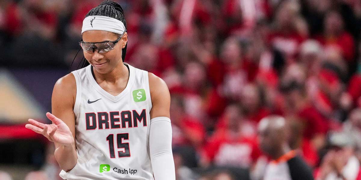 Atlanta Dream guard Allisha Gray (15) shrugs off an airball Tuesday, Sept. 16, 2025, during Game 2 of a WNBA playoff matchup between the Indiana Fever and the Atlanta Dream at Gainbridge Fieldhouse in Indianapolis. The Indiana Fever defeated the Atlanta Dream, 77-60.