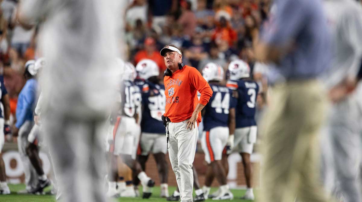 Auburn Tigers head coach Hugh Freeze watches on as Auburn Tigers take on Ball State Cardinals at Jordan-Hare Stadium in Auburn, Ala. on Saturday, Sept. 6, 2025. Auburn Tigers defeated Ball State Cardinals 42-3.