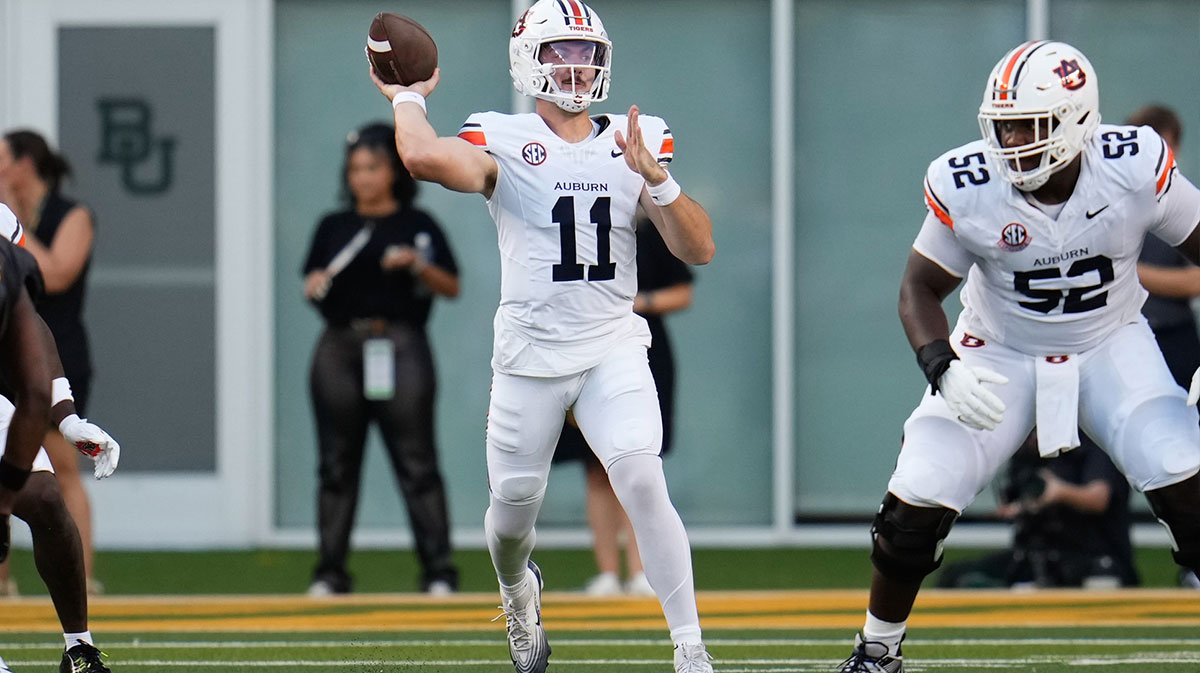 Auburn Tigers quarterback Jackson Arnold (11) looks to pass against the Baylor Bears during the first half at McLane Stadium.