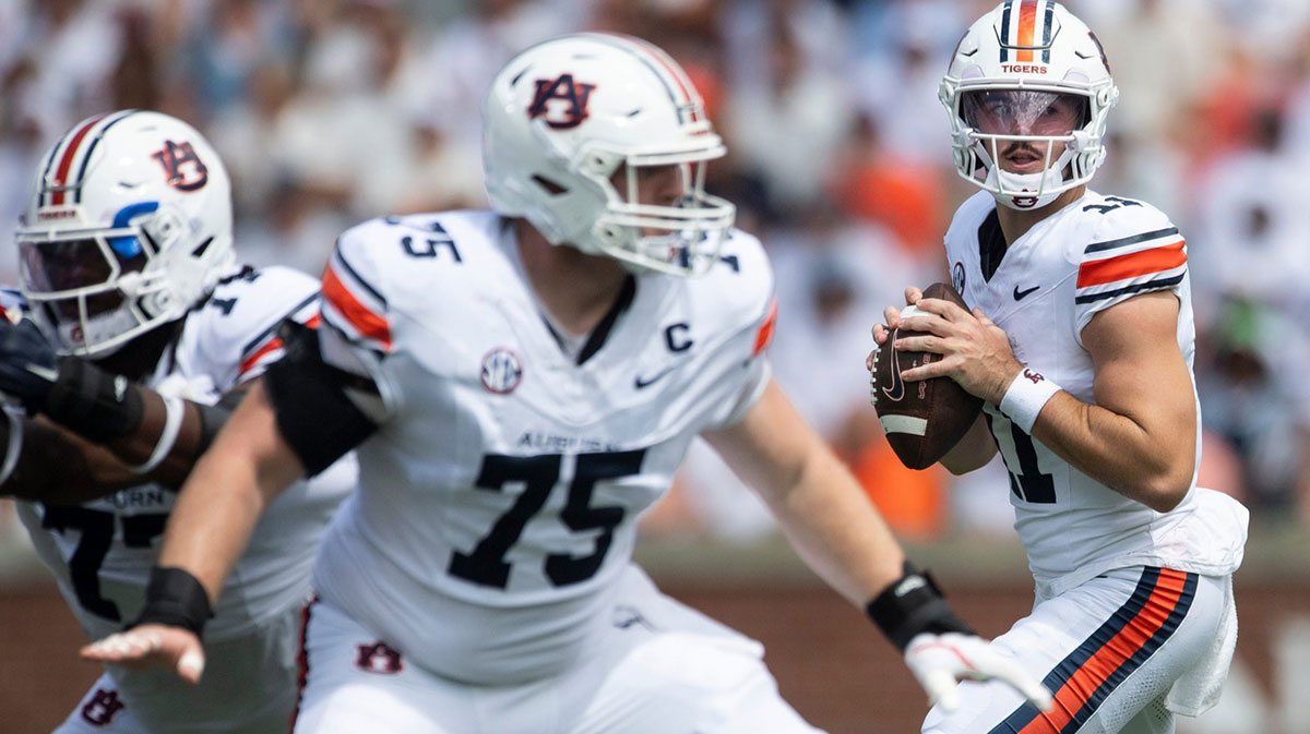 Auburn Tigers quarterback Jackson Arnold (11) looks to pass as Auburn Tigers take on South Alabama Jaguars at Jordan-Hare Stadium in Auburn, Ala. on Saturday, Sept. 13, 2025.
