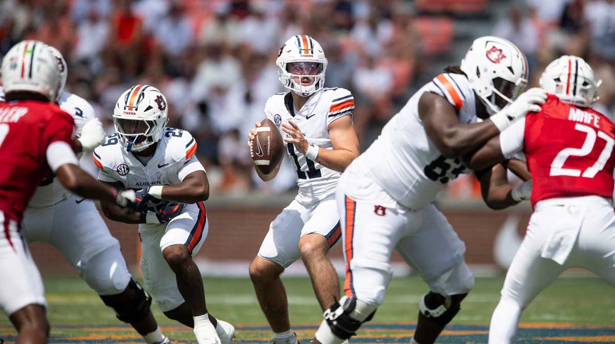 Auburn Tigers quarterback Jackson Arnold (11) looks to throw as Auburn Tigers take on South Alabama Jaguars at Jordan-Hare Stadium in Auburn, Ala. on Saturday, Sept. 13, 2025. Auburn Tigers defeated South Alabama Jaguars 31-15.