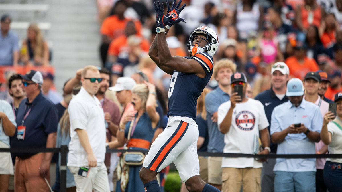 Auburn Tigers wide receiver Cam Coleman (8) warms up before Auburn Tigers take on Ball State Cardinals at Jordan-Hare Stadium in Auburn, Ala. on Saturday, Sept. 6, 2025.