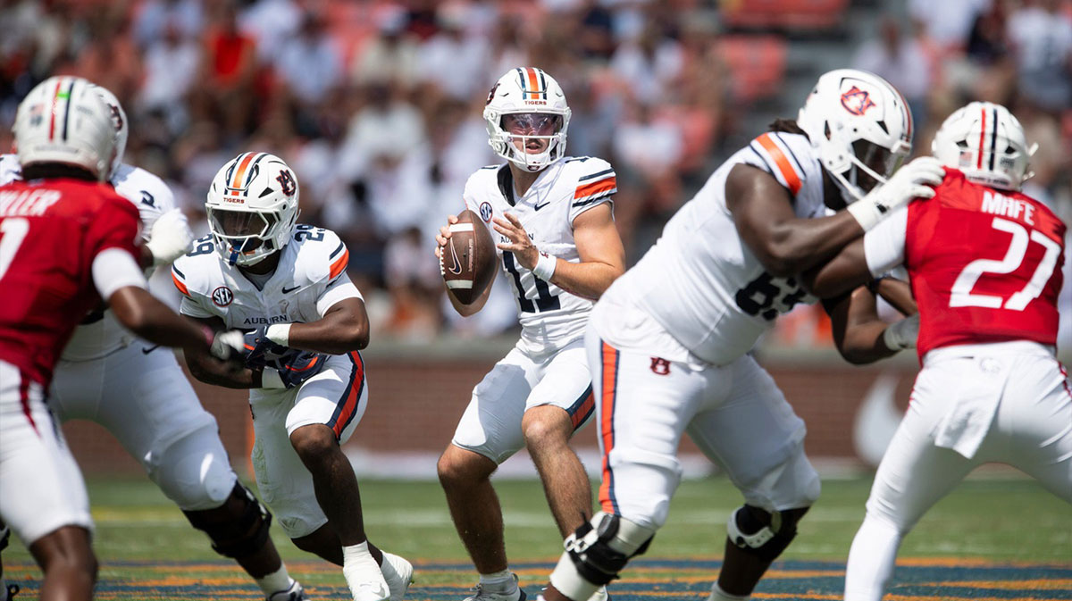 Auburn Tigers quarterback Jackson Arnold (11) looks to throw as Auburn Tigers take on South Alabama Jaguars at Jordan-Hare Stadium in Auburn, Ala. on Saturday, Sept. 13, 2025. Auburn Tigers defeated South Alabama Jaguars 31-15.