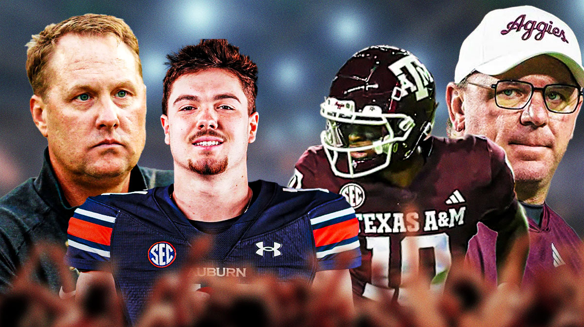 Hugh Freeze and Jackson Arnold on the left, Mike Elko and Marcell Reed on the right.