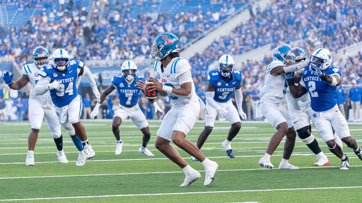 Ole Miss quarterback Austin Simmons (13) dropped back to pass as the Kentucky Wildcats faced off against the Ole Miss Rebels at Kroger Field in Lexington, Kentucky on Saturday, September 6, 2025. Ole Miss defeated Kentucky, 30-23
