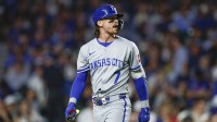 Kansas City Royals designated hitter Bobby Witt Jr. (7) reacts after striking out against the Chicago Cubs during the sixth inning at Wrigley Field.