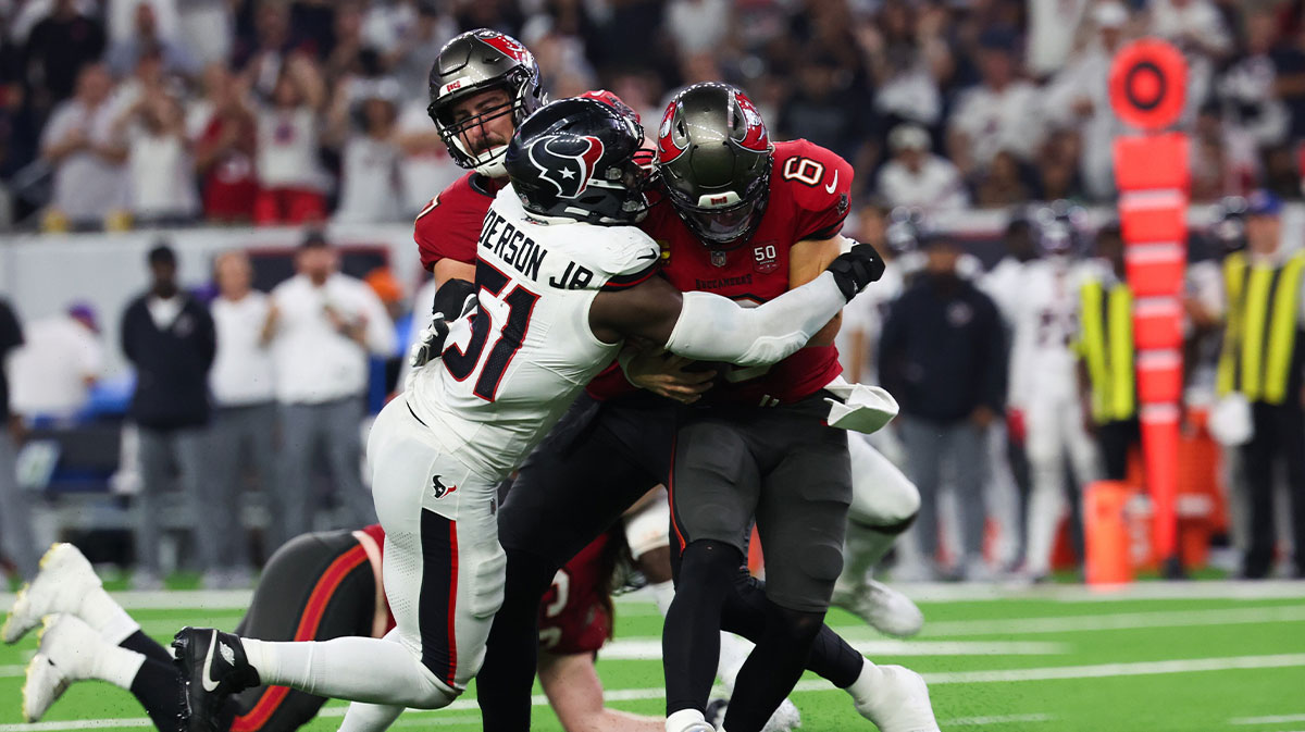 Tampa Bay Buccaneers quarterback Baker Mayfield (6) is sacked by Houston Texans defensive end Will Anderson Jr. (51) during the fourth quarter at NRG Stadium. Mandatory Credit: Thomas Shea-Imagn Images