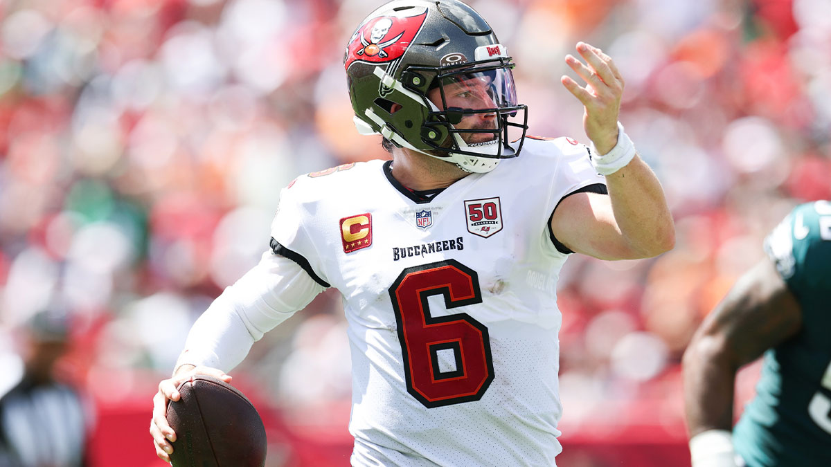 Tampa Bay Buccaneers quarterback Baker Mayfield (6) runs with the ball during the second quarter against the Philadelphia Eagles at Raymond James Stadium.