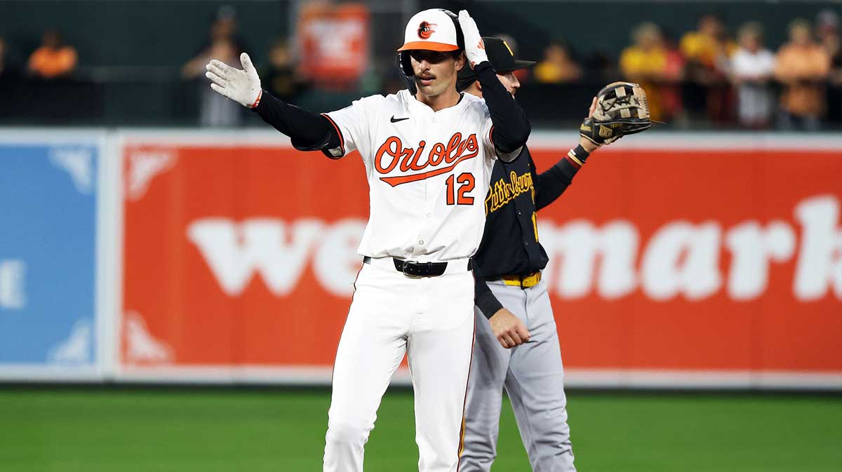 Baltimore Orioles outfielder Dylan Beavers (12) celebrates after hitting a double during the third inning against the Pittsburgh Pirates at Oriole Park at Camden Yards.