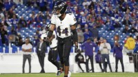 Baltimore Ravens cornerback Marlon Humphrey (44) warms up prior to the game against the Buffalo Bills at Highmark Stadium.