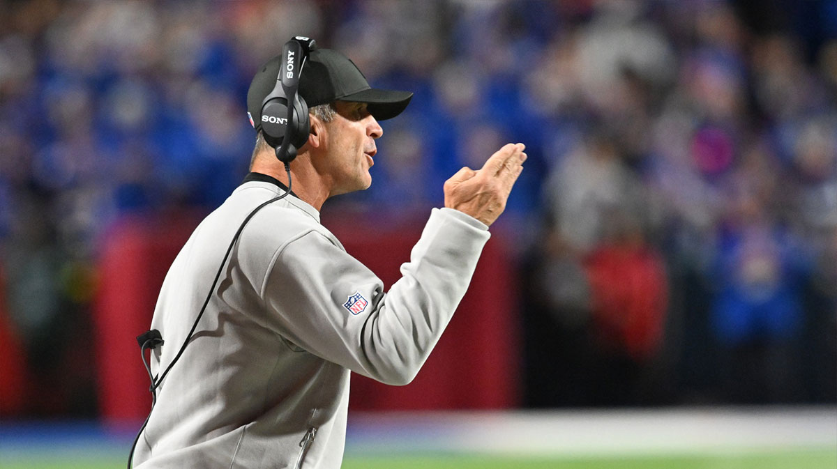 Baltimore Ravens head coach John Harbaugh reacts during the first quarter against the Buffalo Bills at Highmark Stadium.