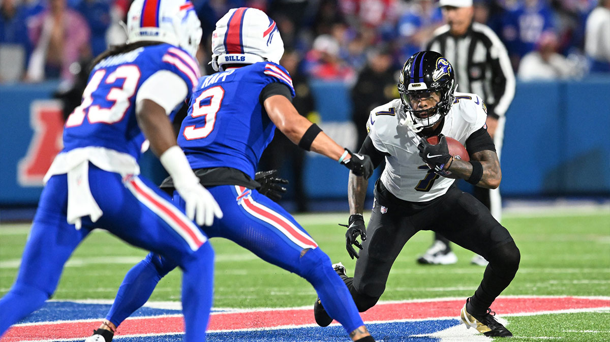 Baltimore Ravens wide receiver Rashod Bateman (7) runs with the ball against the Buffalo Bills during the second quarter at Highmark Stadium.