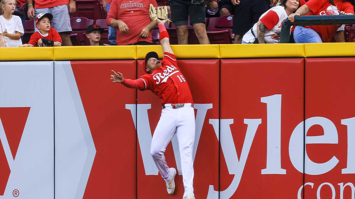 Cincinnati Reds outfielder Noelvi Marte (16) catches a fly out hit by Pittsburgh Pirates outfielder Bryan Reynolds (not pictured) in the ninth inning at Great American Ball Park.