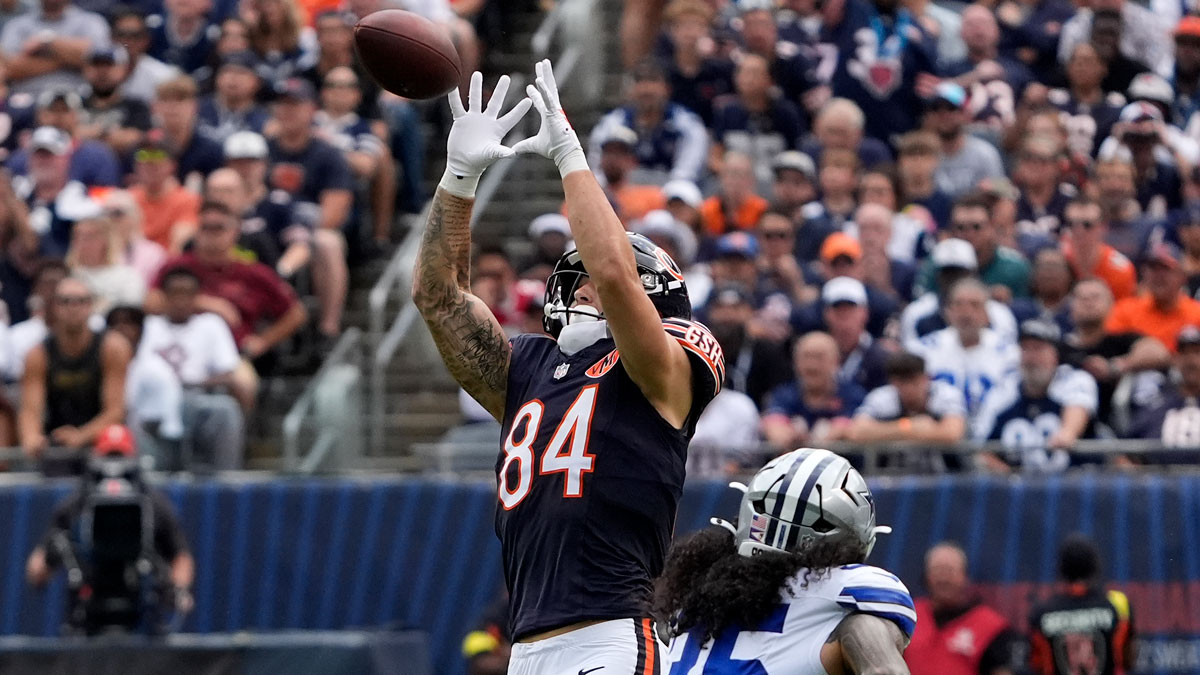 Chicago Bears tight end Colston Loveland (84) makes a catch against Dallas Cowboys linebacker Marist Liufau (35) during the first half at Soldier Field.