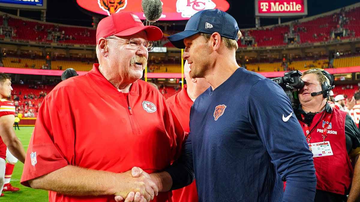 Kansas City Chiefs head coach Andy Reid shakes hands with Chicago Bears head coach Ben Johnson after the game at GEHA Field at Arrowhead Stadium.