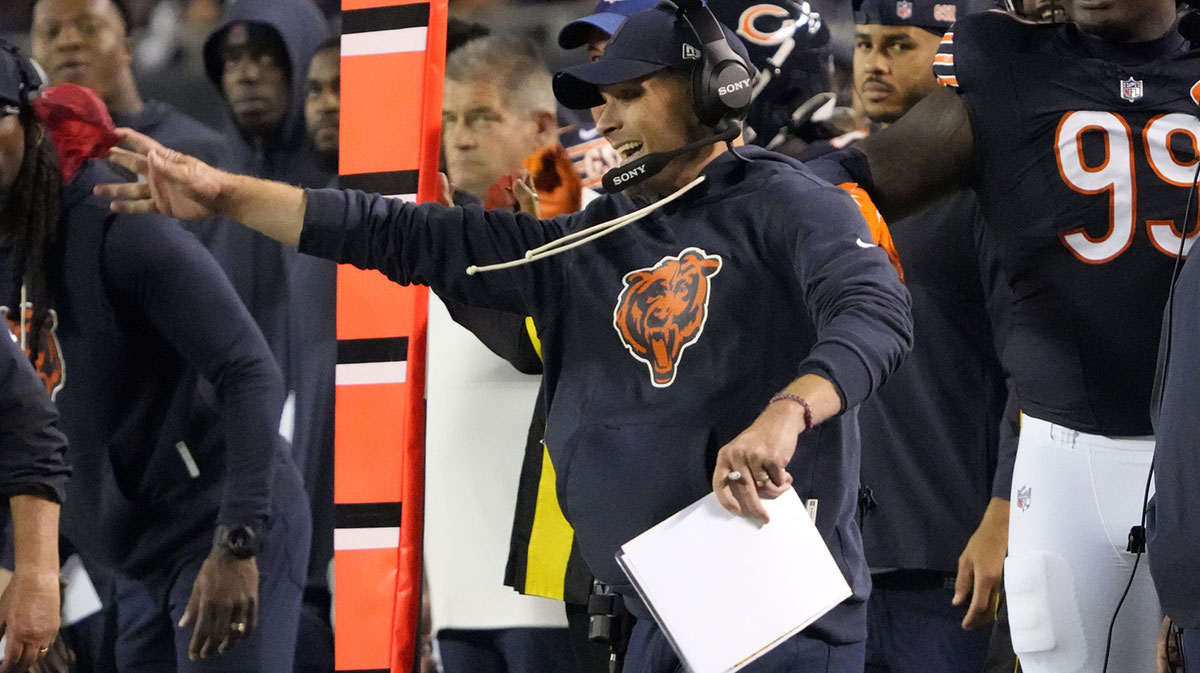 Chicago Bears head coach Ben Johnson reacts during the second half at Soldier Field.