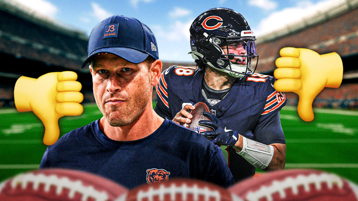Chicago Bears head coach Ben Johnson with QB Caleb Williams surrounded by thumbs down emojis.
