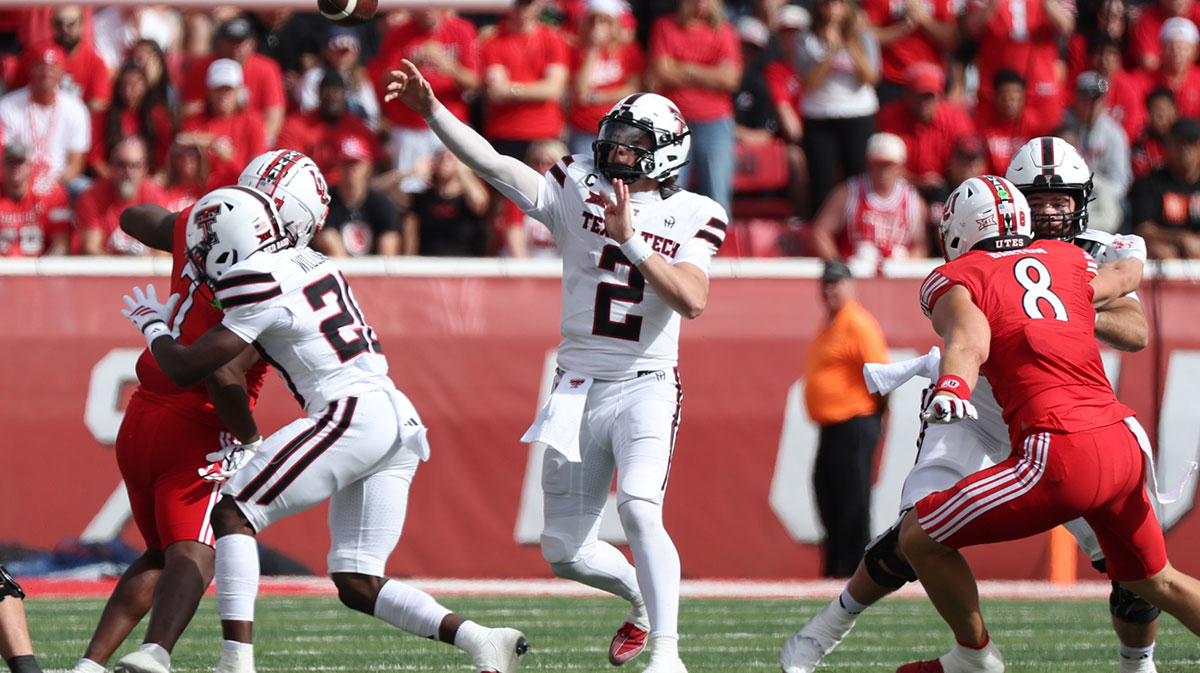 Texas Tech Red Raiders quarterback Behren Morton (2) passes the ball against the Utah Utes during the first quarter at Rice-Eccles Stadium.