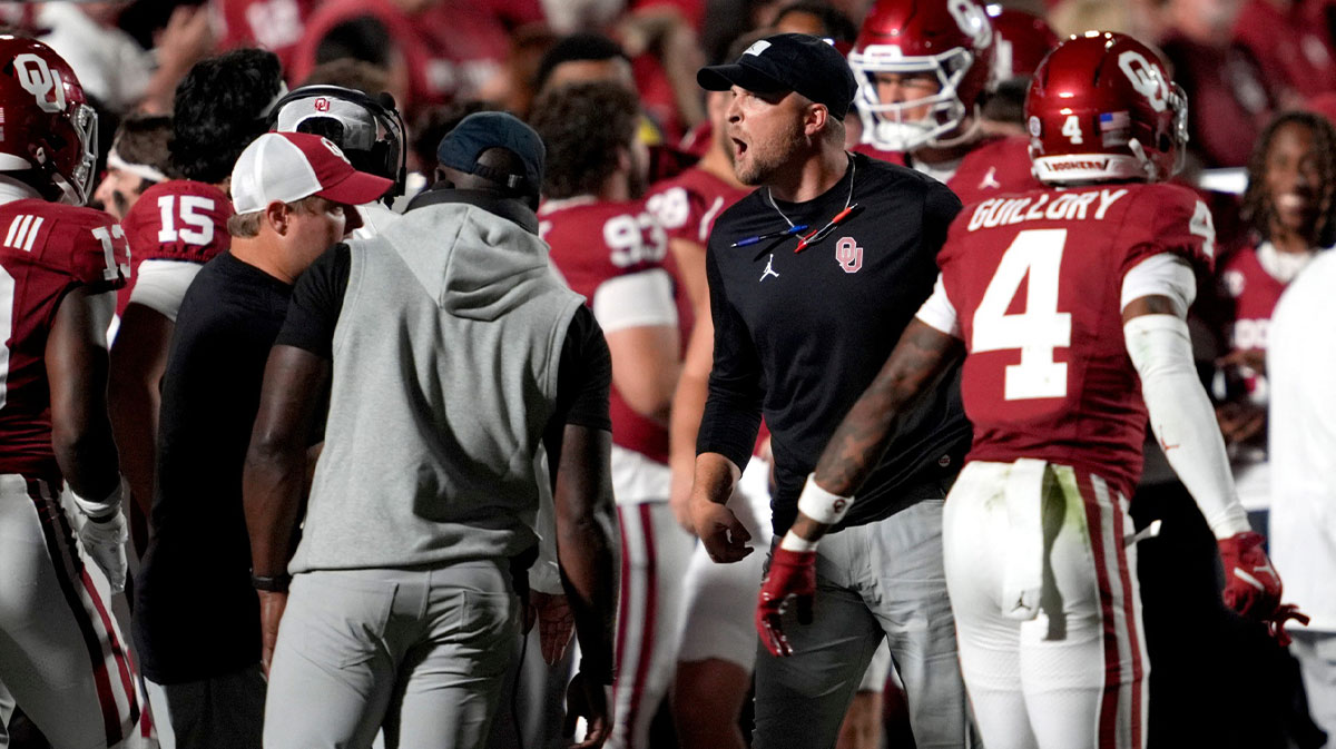 Oklahoma offensive coordinator Ben Arbuckle celebrates during a college football game between the University of Oklahoma Sooners (OU) and the University of Michigan Wolverines at Gaylord Family Ð Oklahoma Memorial Stadium in Norman, Okla., Saturday, Sept. 6, 2025. Oklahoma won 24-13.