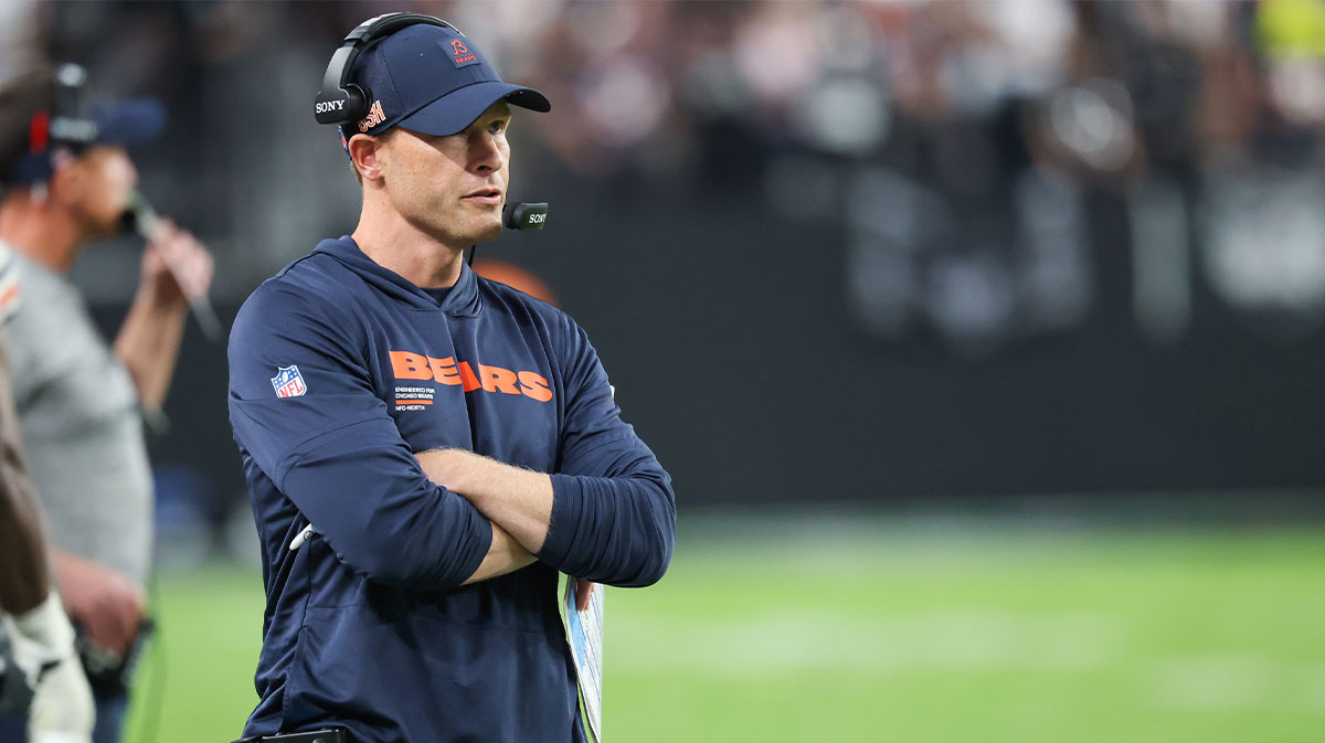 Chicago Bears head coach Ben Johnson looks on from the sideline during the second half against the Las Vegas Raiders at Allegiant Stadium.